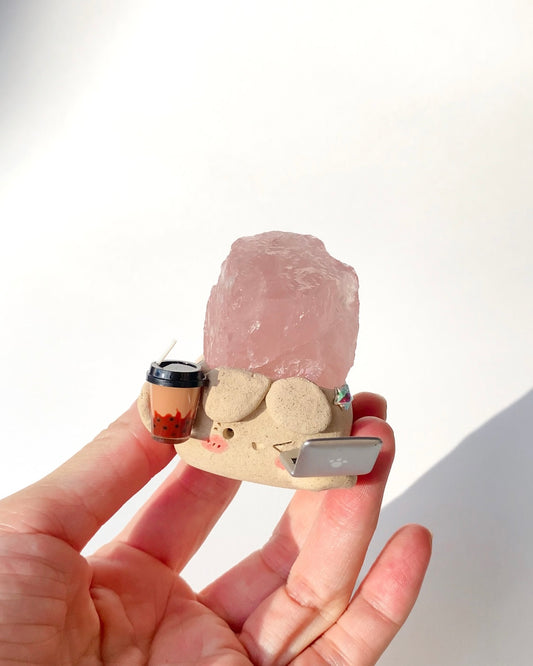 Boba Boss Bean – Handmade Rose Quartz Figurine