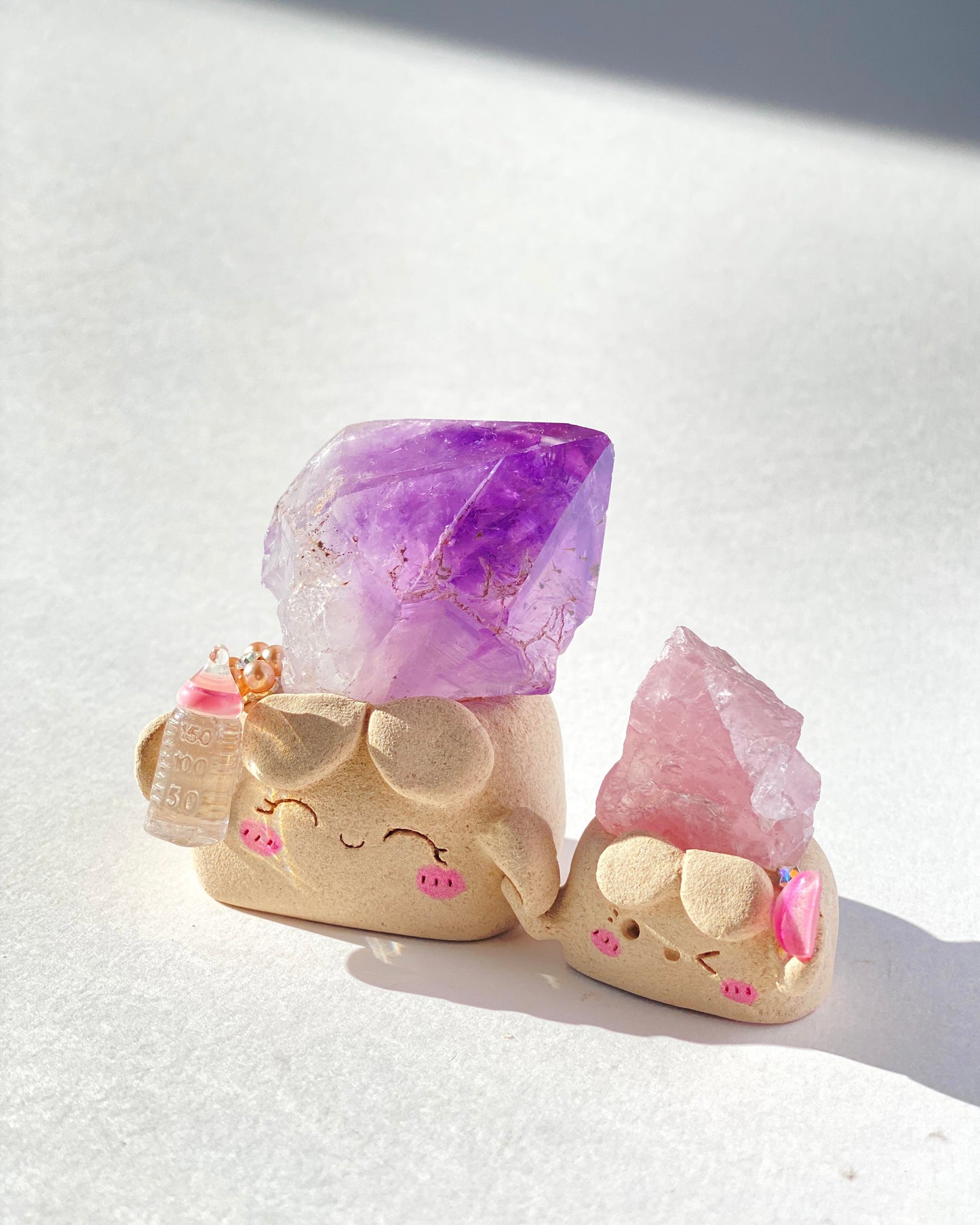 Snuggle Bean – Handmade Amethyst & Rose Quartz Crystal Figurine Set