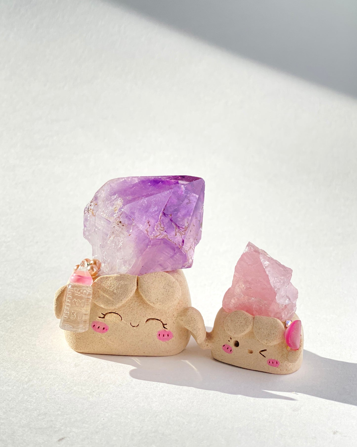 Snuggle Bean – Handmade Amethyst & Rose Quartz Crystal Figurine Set